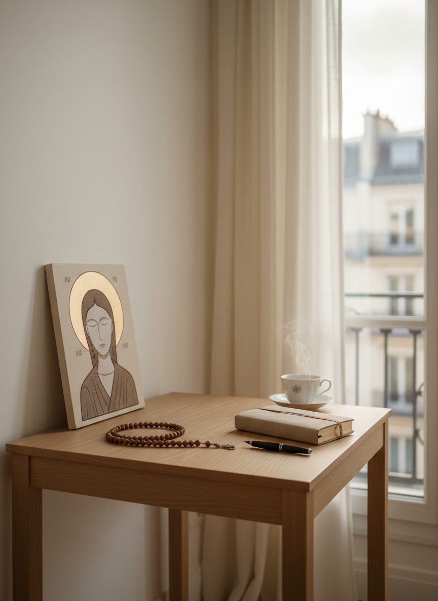 Un petit coin de prière minimaliste au sein d’un appartement parisien raffiné : une simple table en chêne clair contre un mur blanc, surmontée d’une icône stylisée sans visage, d’un chapelet en bois poli soigneusement posé en cercle et d’un carnet de notes relié en lin beige avec un stylo plume noir. Une tasse de thé fumante en porcelaine fine complète la scène. La lumière de fin d’après-midi, tamisée par un voilage crème, baigne l’espace d’un halo doré. Photographie très réaliste, prise en légère contre-plongée, suivant la règle des tiers, avec un arrière-plan urbain suggéré par une fenêtre floue. L’ambiance est intime, élégante et propice à la prière quotidienne sur l’amour divin.