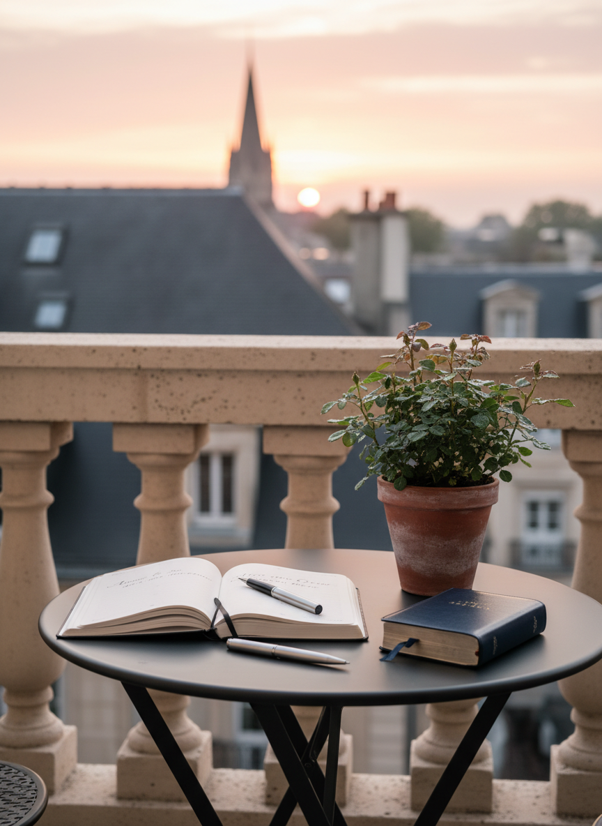 Un balcon français en pierre claire surplombant des toits d’ardoise, transformé en espace de contemplation matinale. Sur une petite table bistrot en fer forgé noir, un carnet de méditation ouvert, un stylo en métal brossé et une Bible compacte à la couverture en cuir bleu nuit sont soigneusement alignés. Un rosier en pot, couvert de fines gouttes de rosée, ajoute une touche de vie. La lumière douce de l’aube colore le ciel de tons pastel, avec un soleil naissant créant des reflets délicats sur les pages blanches. Photo réaliste, prise à hauteur de table, avec une profondeur de champ moyenne laissant voir, en arrière-plan légèrement flou, une église lointaine. L’atmosphère est paisible, raffinée et centrée sur la pratique quotidienne de l’amour de Dieu.