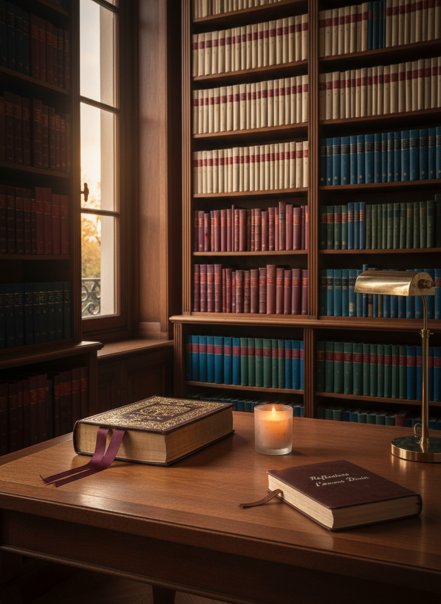 Une bibliothèque élégante au style haussmannien, avec de hautes étagères en bois sombre remplies d’ouvrages spirituels reliés en toile et cuir. Au centre, une table en noyer porte une grande Bible de luxe, un marque-page de soie bordeaux et un carnet de réflexions sur l’amour divin. Une bougie dans un photophore en verre dépoli diffuse une lueur chaleureuse. La lumière du soir, douce et dorée, se mêle à un éclairage discret venant d’une lampe de bureau en laiton, créant des ombres texturées et intimes. Photographie très réaliste, prise légèrement en plongée, accentuant la profondeur des rayonnages. L’ambiance est studieuse, sophistiquée et contemplative, évoquant une recherche approfondie sur les incarnations de l’amour de Dieu.